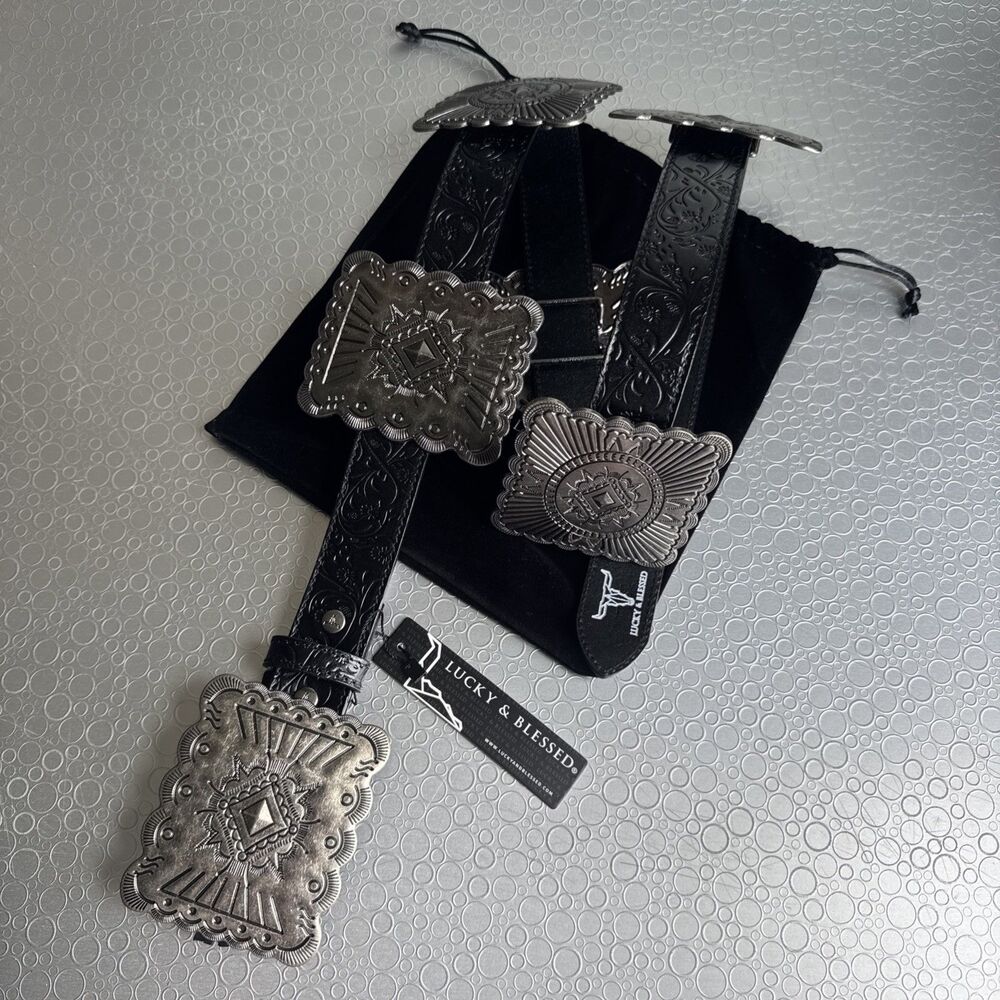 New Lucky & Blessed Black Embossed Concho Belt - Size XS Runs Bigger Dust Bag